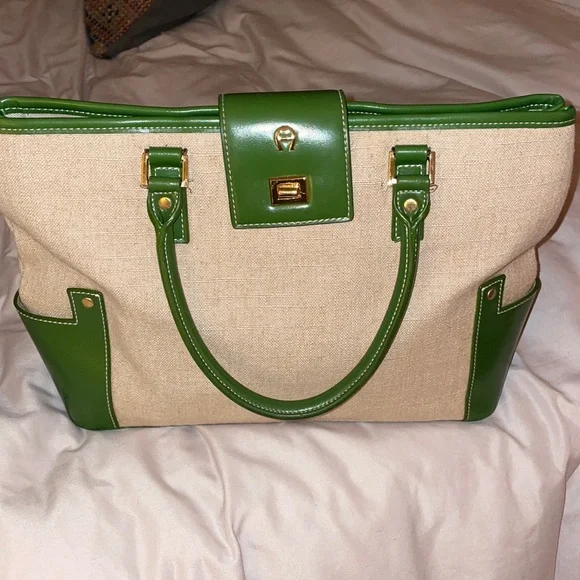 Etienne Aigner canvas bag with green trim. Perfect summer bag. Great condition - Picture 1 of 7